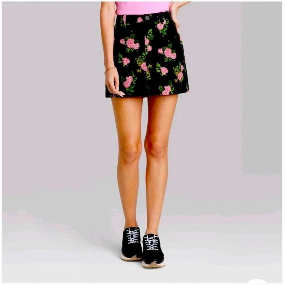 Wild Fable Black Pink Floral Corduroy High Rise Skirt Girl's Size 12‎ NWT